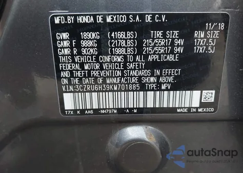 2019 Honda Hr-V Lx z USA, uszkodzony, nr VIN 3CZRU6H39KM701885